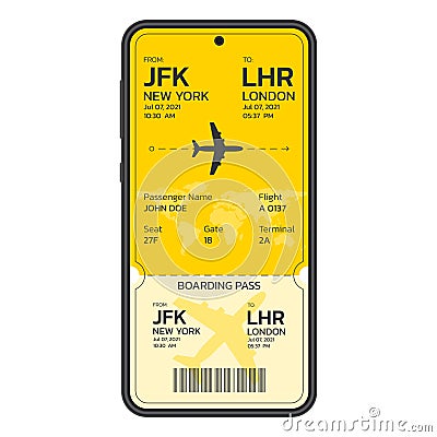 Plane ticket on the smartphone screen. Mobile boarding pass. Online, electronic airline ticket. Modern flight card blank design. Vector Illustration